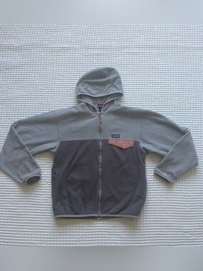 Patagonia Kids Micro D Snap-T Fleece Full Zip Hooded Jacket Gray Pink XL (14)